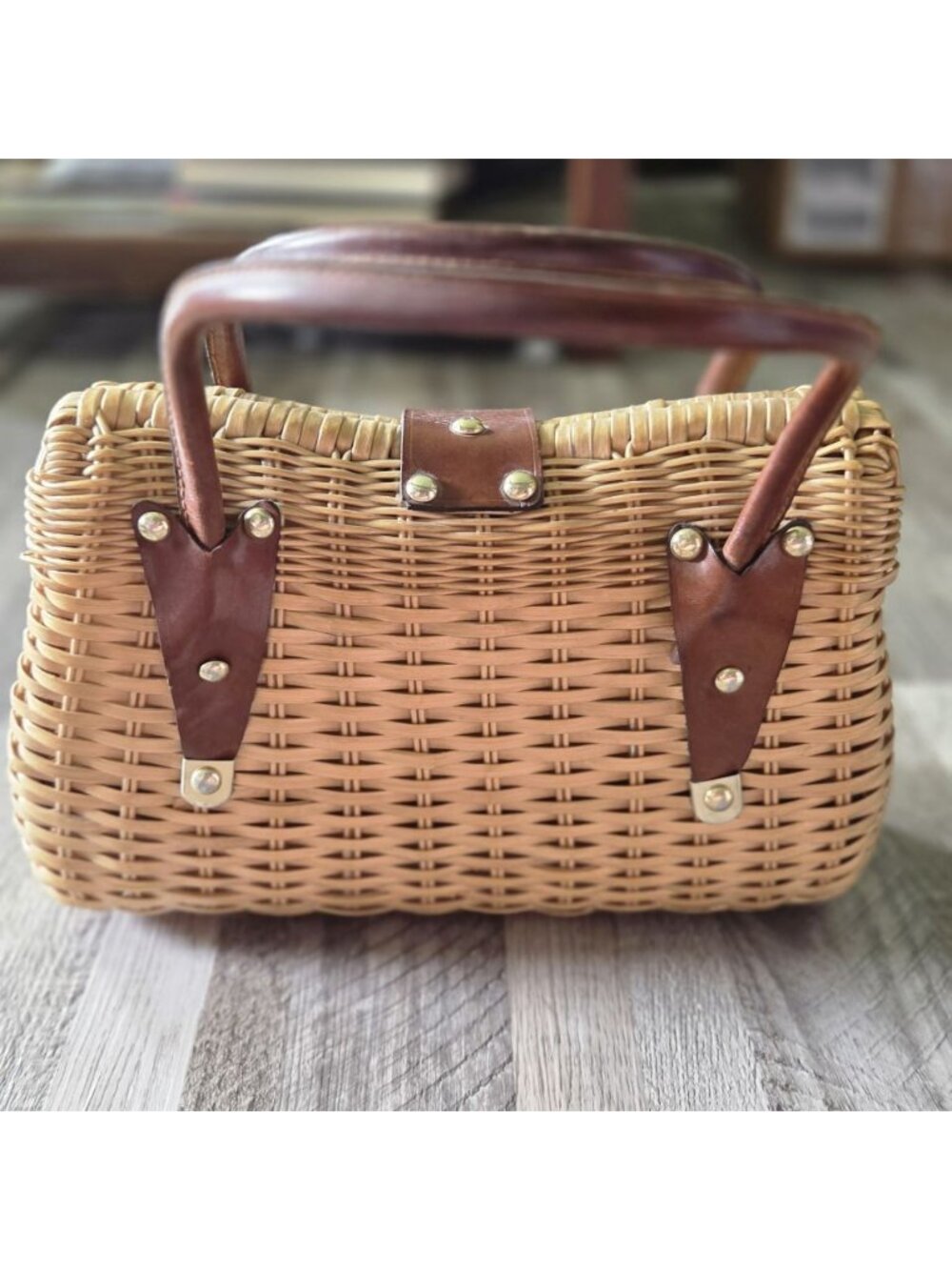 Goldeco Vintage 1960s Wicker Basket Handbag Leather Trim Top Handle Box Purse - Picture 5 of 16